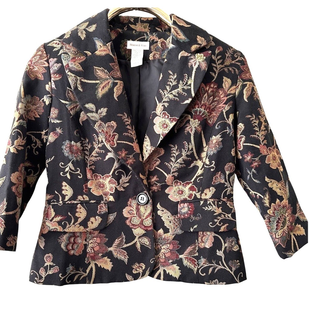 Monroe & Main Blazer Women 8 Black Floral Tapestry Single Button Jacket USA